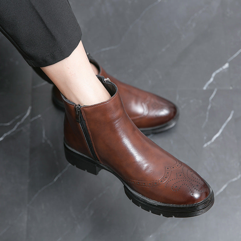 Men's Double Side-Zip Brogue Chelsea Boots with Platform Sole