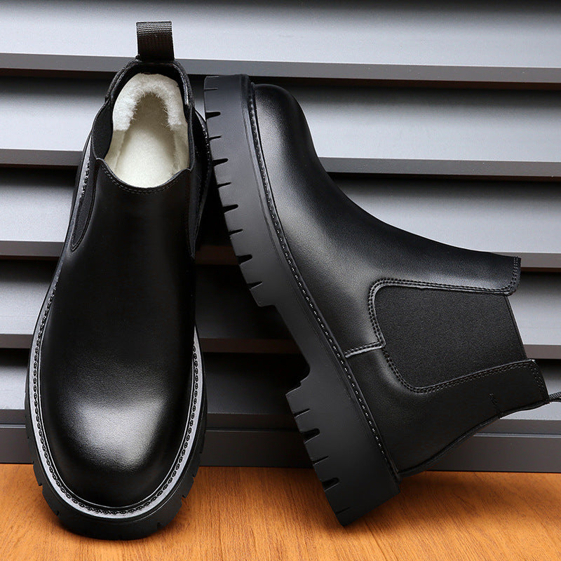 Men's Genuine Leather Chelsea Boots with Round Toe and Thick Heel
