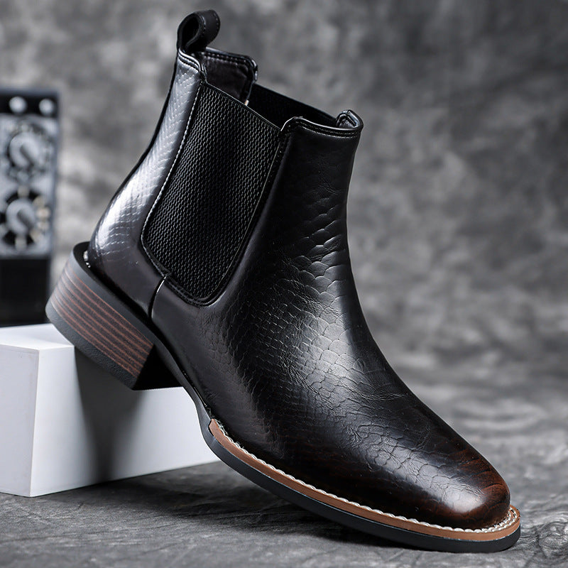 Men's Croc-Pattern Square Toe Chelsea Boots with Chunky Mid Heel