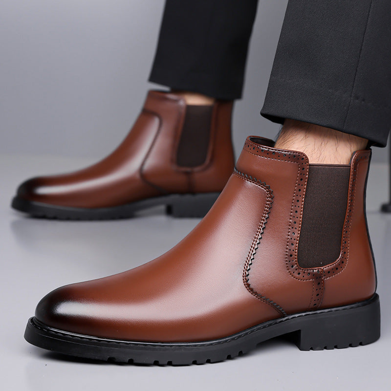 Men's Business Casual Chelsea Boots with Round Toe and Mid Heel