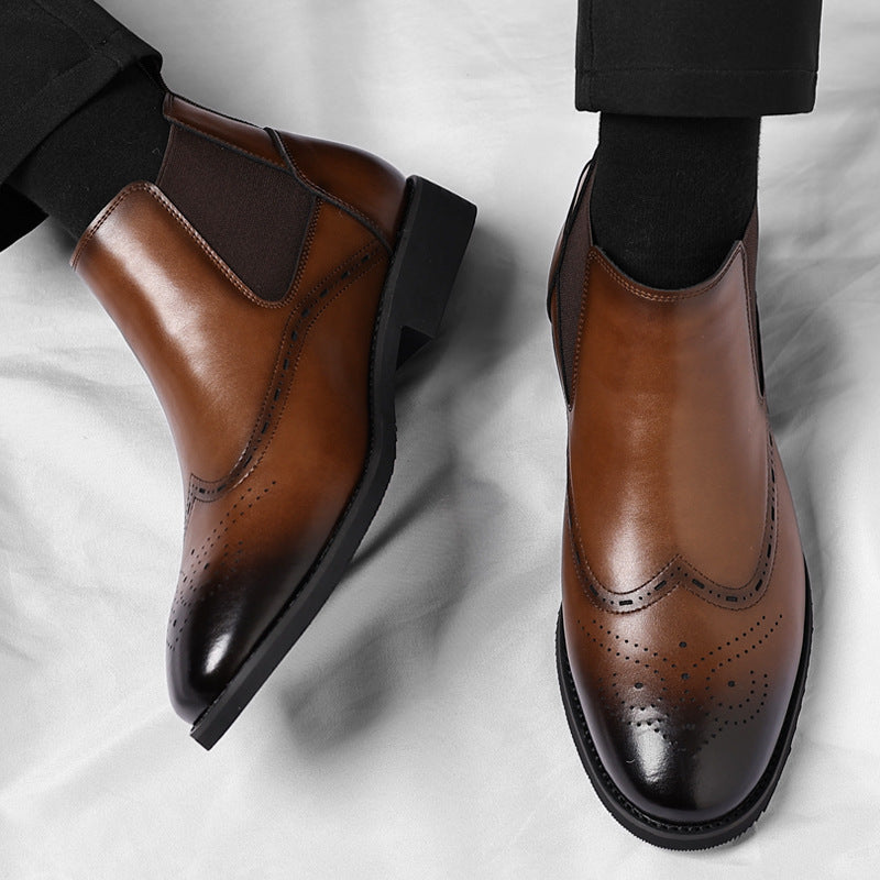 Men's Pointed Toe Chelsea Boots with Plush Lining and Mid Heel