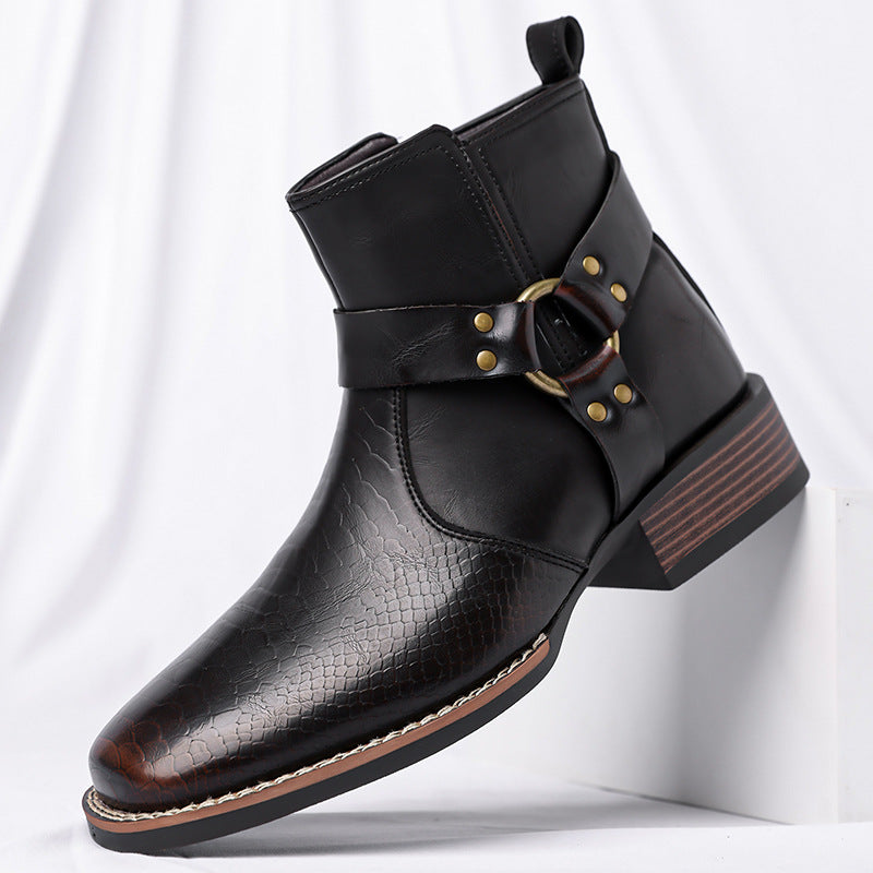 Men's Square Toe Side-Zip Chelsea Boots with Metal Buckle Detail