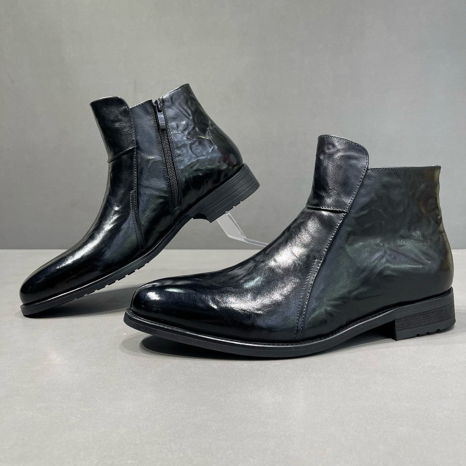 Men's Black Cowhide Chelsea Boots with Thick Sole for Winter