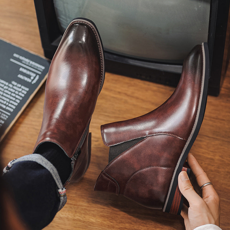 Men's Recycled Leather Chelsea Boots with Pointed Toe and Low Heel