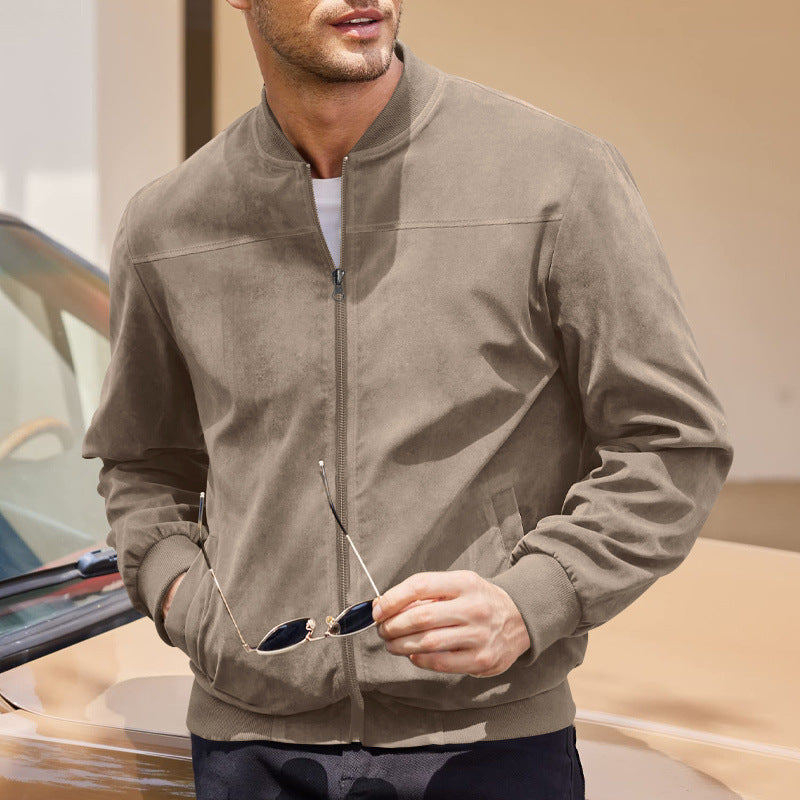 Men's Suede Stand Collar Zipper Jacket Long Sleeve Solid Color