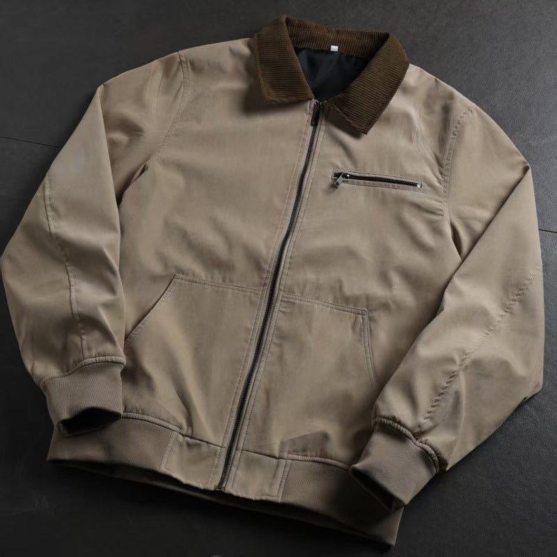 Men's Turn-Down Collar Zip-Up Jacket Fitted Solid Color Workwear