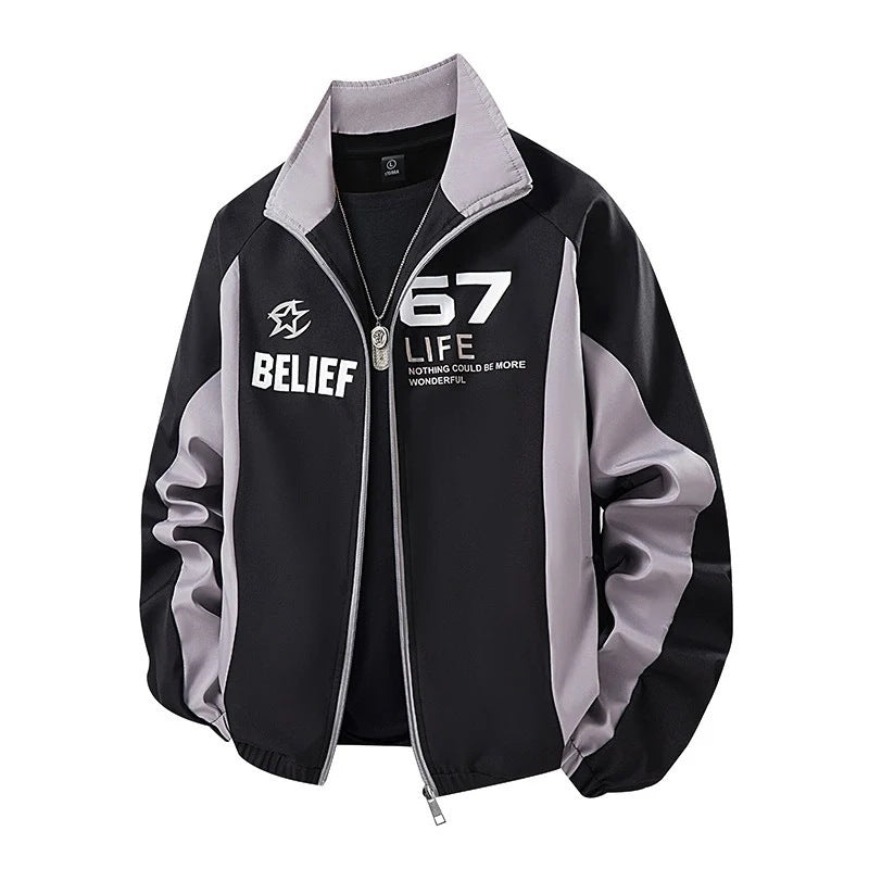 Men's Color Block Windbreaker Stand Collar Loose Fit Jacket