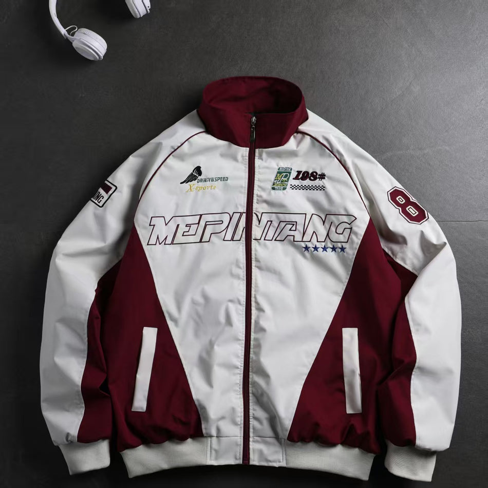 Men's Retro Racing Jacket Stand Collar Loose Fit Letter Design