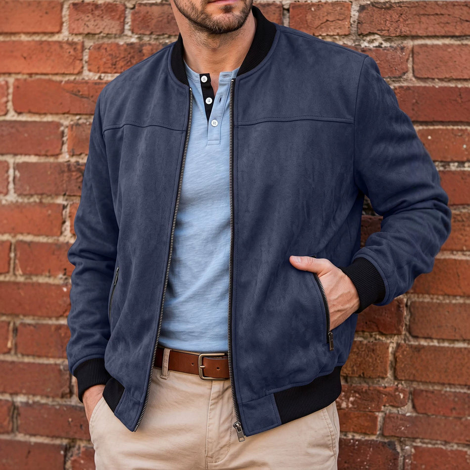 Men's Suede Baseball Collar Jacket Fitted Solid Color Flight Coat