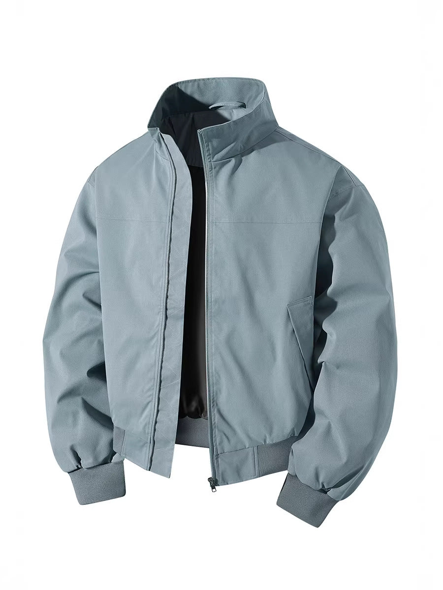 Men's Stand Collar Flight Jacket Loose Fit Solid Color Outerwear