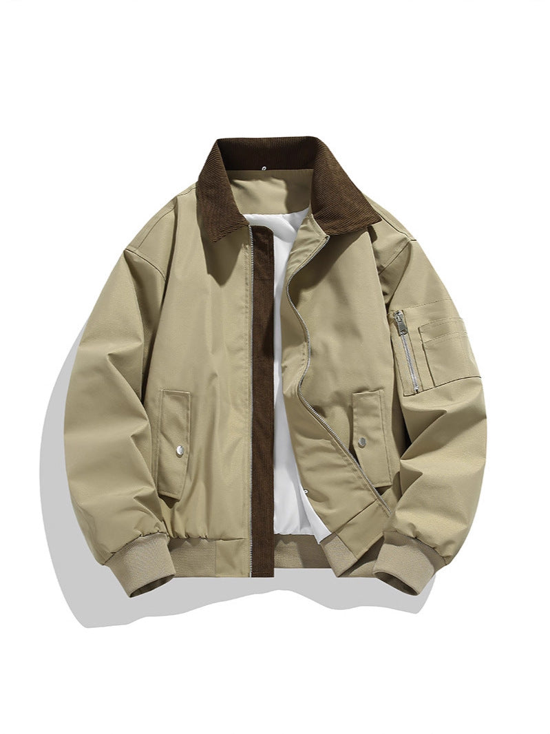 Men's Color Block Lapel Jacket Loose Fit Zip-Up Workwear Coat