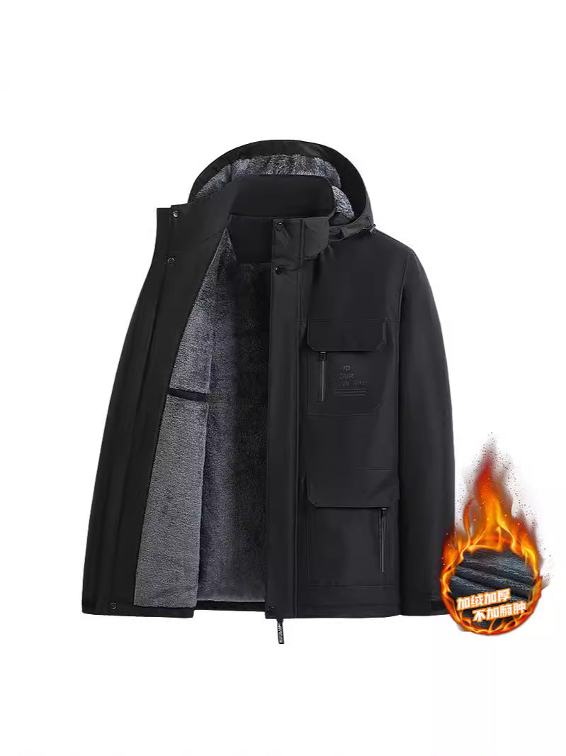Men's Wool-Lined Hooded Jacket Thickened Mid-Length Winter Coat