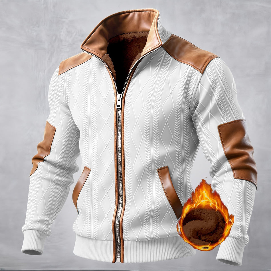 Men's Jacquard Fleece-Lined Jacket Stand Collar Thickened Long Coat
