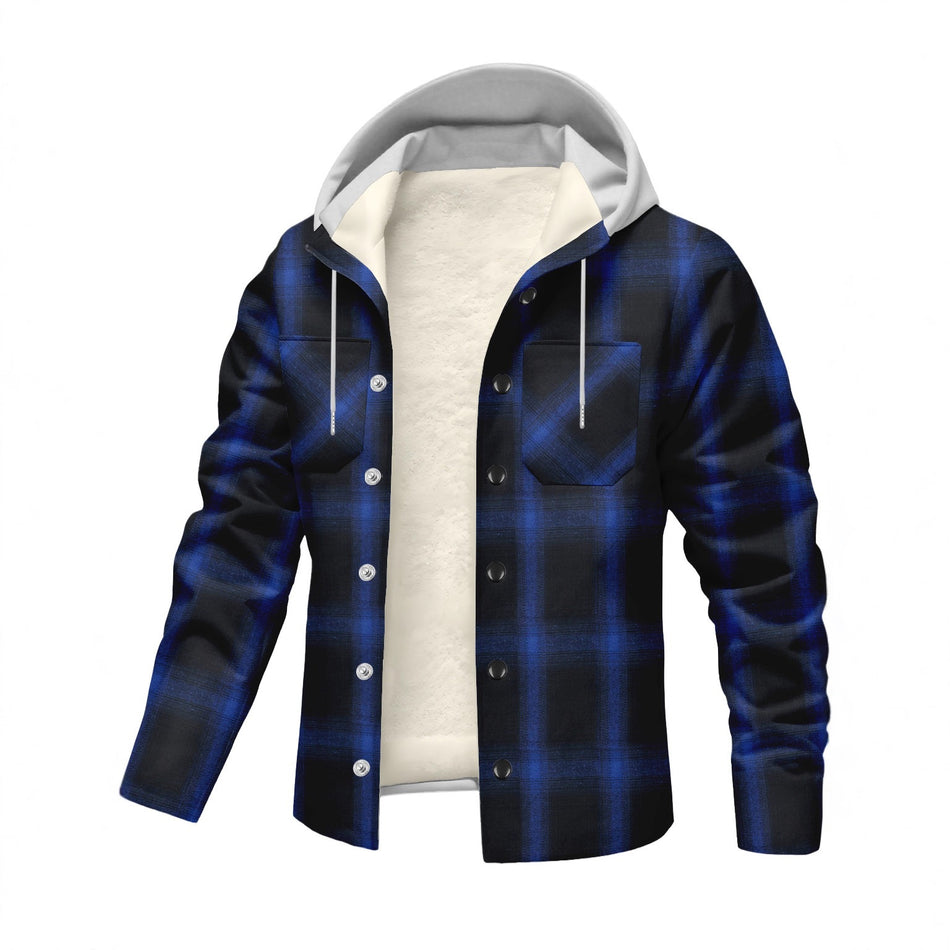 Men's Plaid Hooded Jacket Fleece Lined Thickened Long Coat