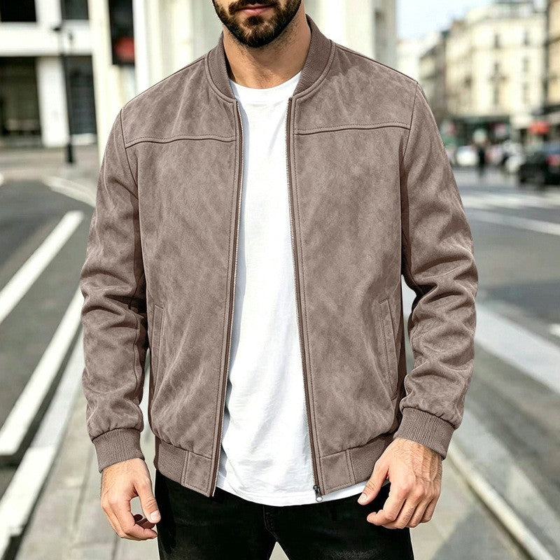 Men's Suede Baseball Collar Jacket Loose Fit Zip-Up Aviator Coat