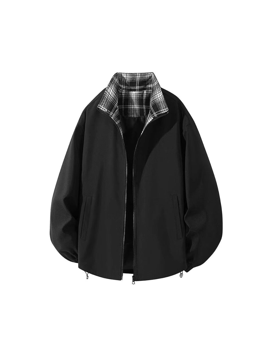 Men's Lapel Jacket Loose Fit Zip-Up Solid Color Casual Coat
