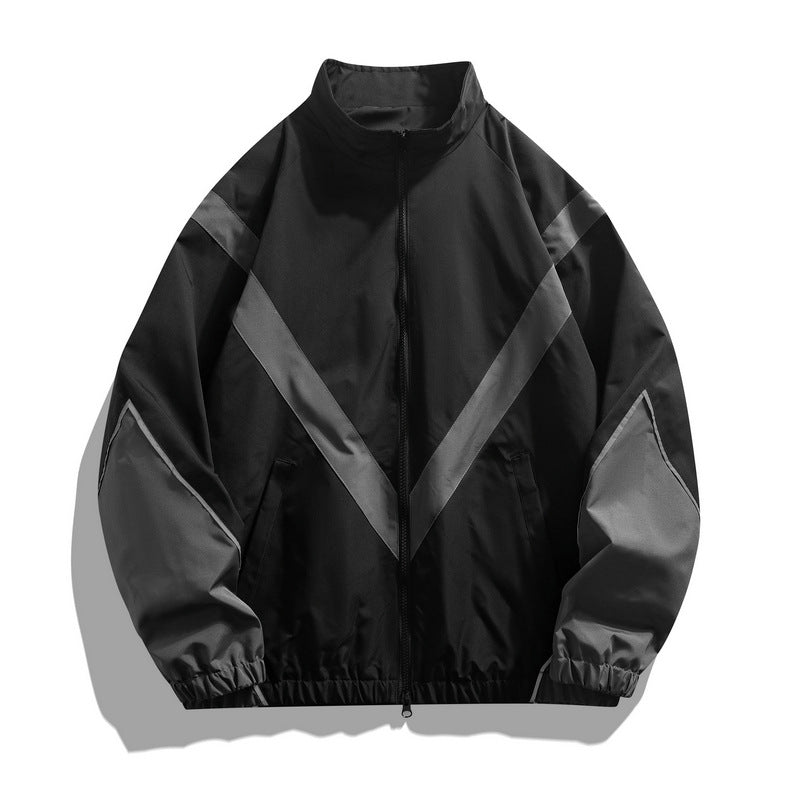 Men's Reflective Patchwork Jacket Stand Collar Loose Fit