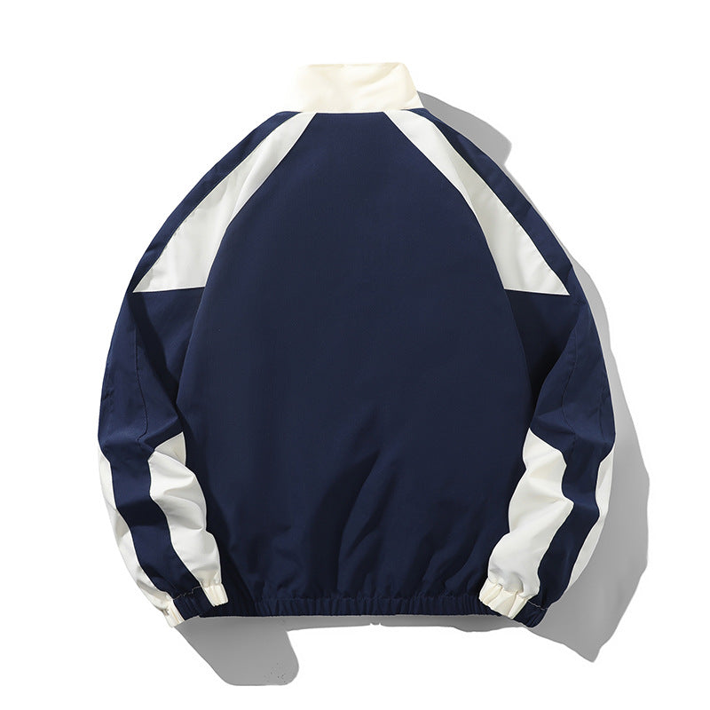 Men's Color Block Jacket Stand Collar Loose Fit Zip-Up