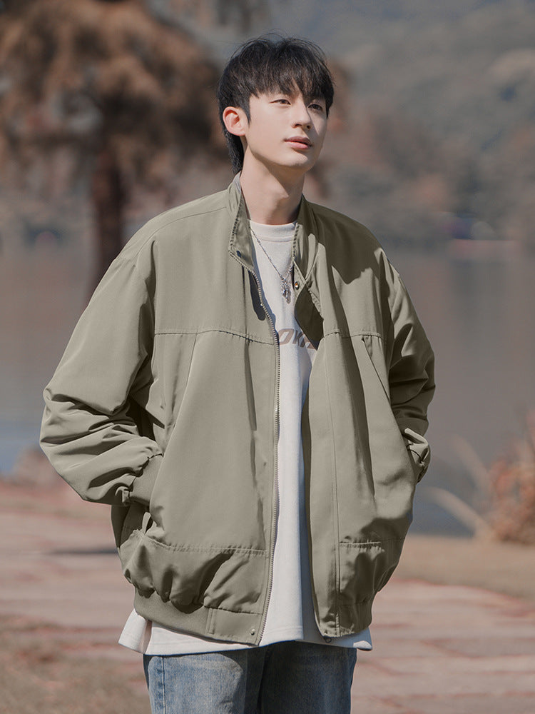 Men's Stand Collar Jacket Loose Fit Ribbed Hem Casual Outerwear