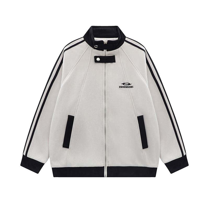 Men's Suede Embroidered Jacket Stand Collar Loose Fit Casual