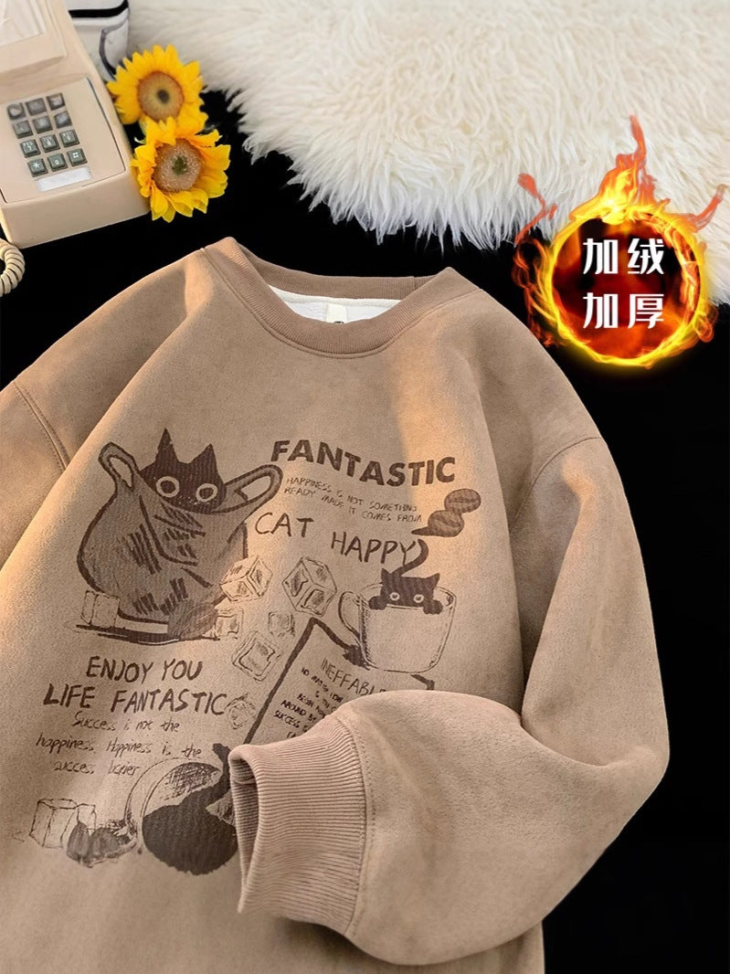 Men's Fleece-Lined Printed Sweatshirt Crewneck Thickened Pullover