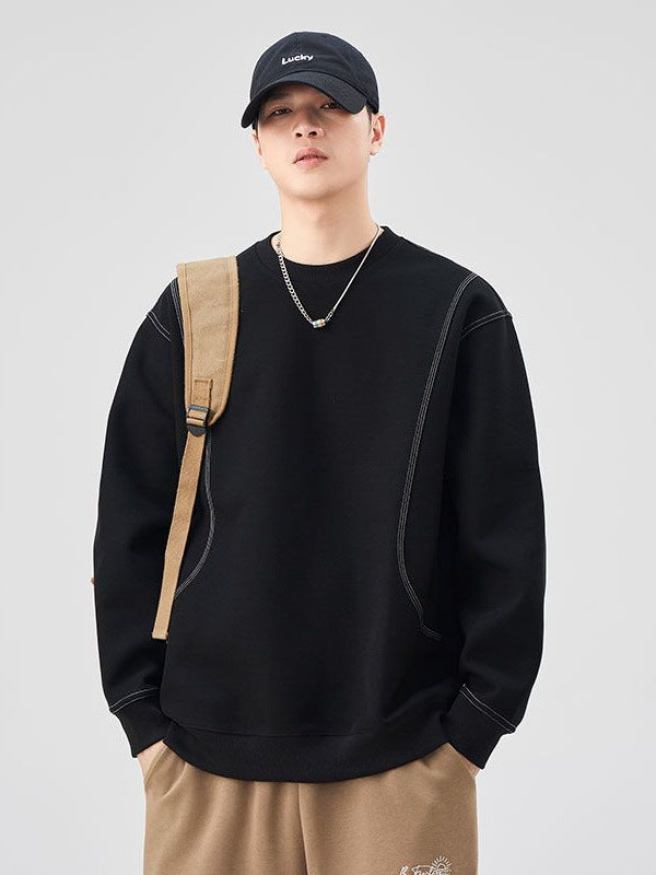 Men’s Cotton Sweatshirt Round Neck Loose Fit Contrast Stitching