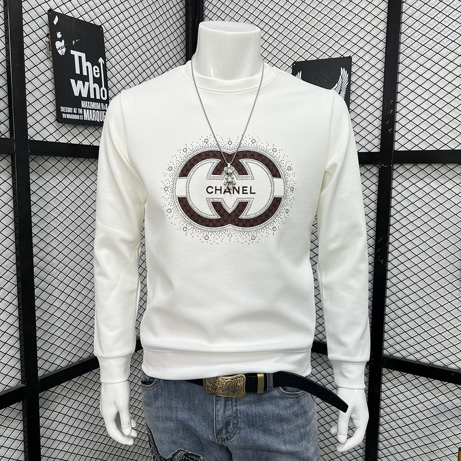 Men’s Cotton Sweatshirt Slim Fit Round Neck Letter Hot Drill