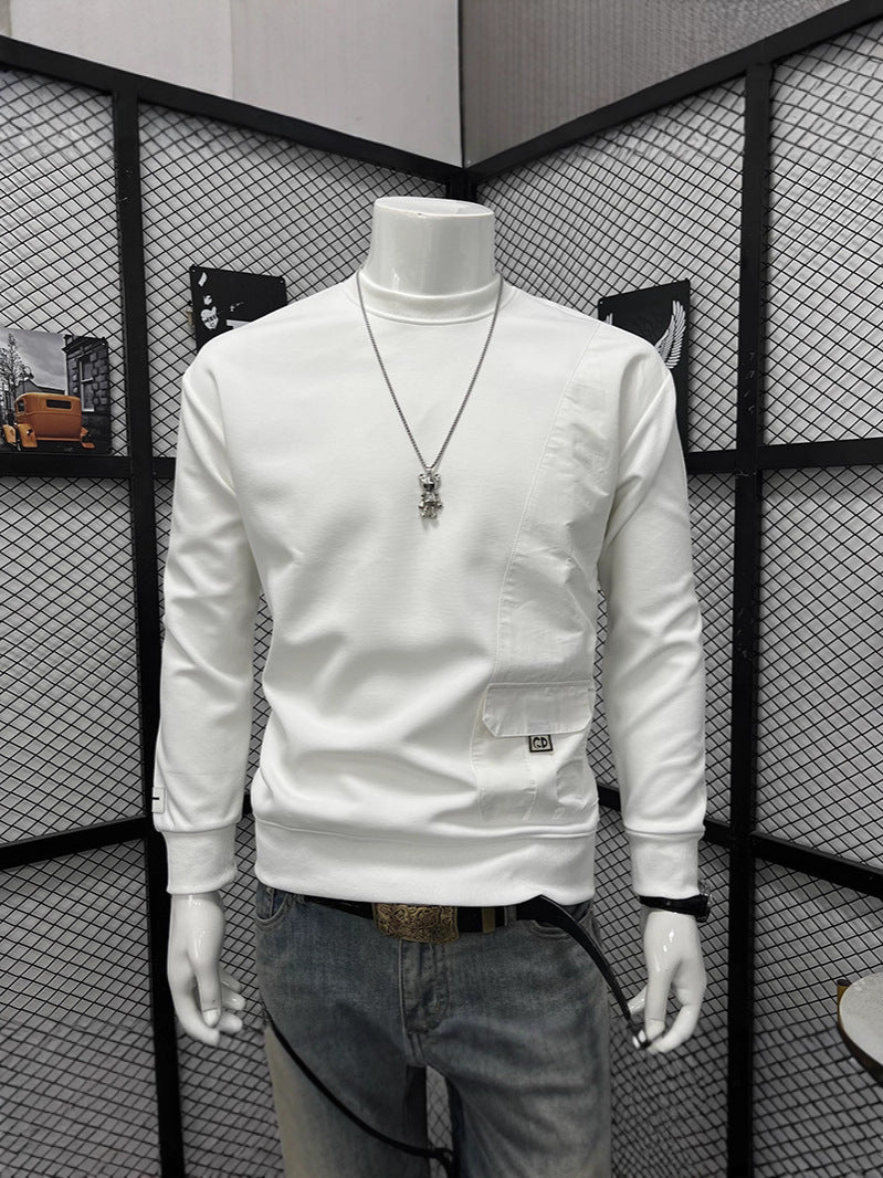 Men’s Cotton Sweatshirt Loose Fit Crew Neck Patchwork Pocket