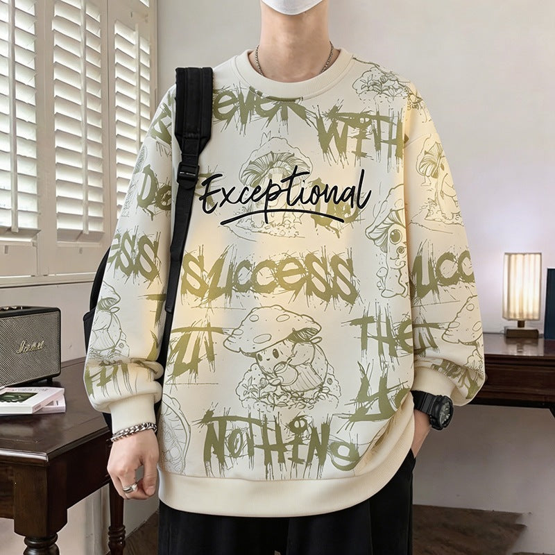 Men’s Printed Sweatshirt Round Neck Long Sleeve Washed Finish