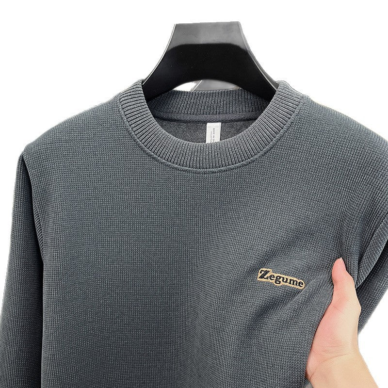 Men’s Fleece-Lined Sweatshirt Round Neck Loose Fit Jacquard