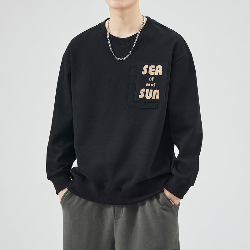 Men’s Cotton Fleece Sweatshirt Round Neck Loose Fit Letter Print