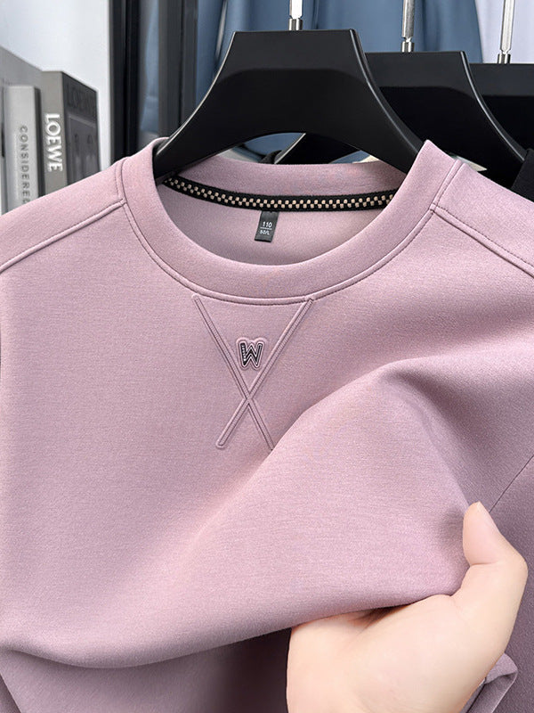 Men’s Loose Fit Sweatshirt Round Neck Solid Color Ribbed Hem