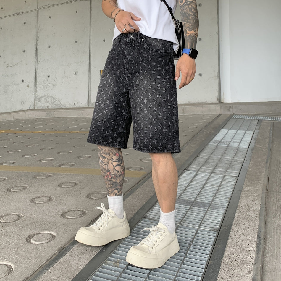 Men’s Ripped Jacquard Denim Shorts Straight Leg Micro-Elastic