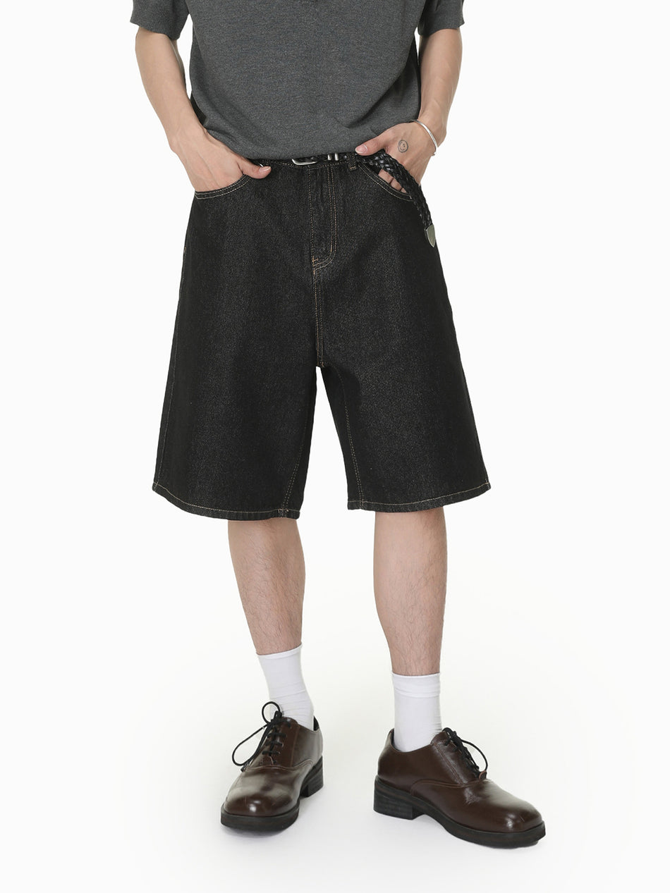 Men’s Wide-Leg Denim Shorts Mid-Waist Washed Straight Fit