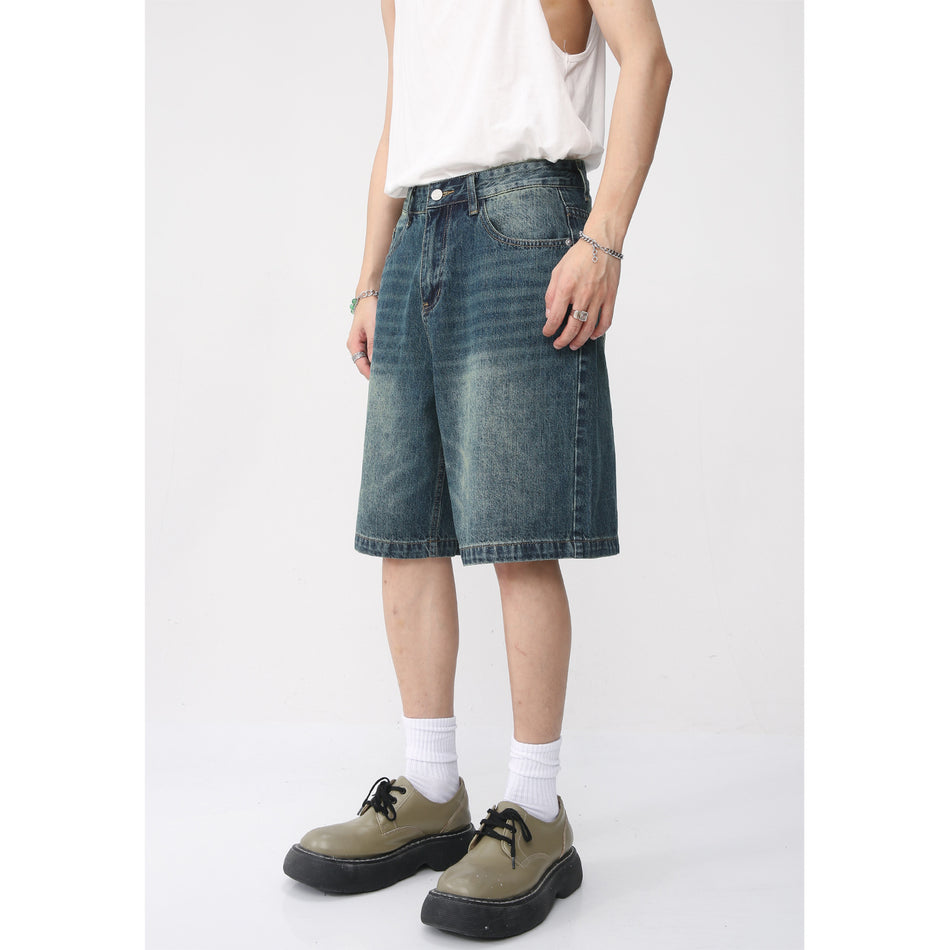 Men’s Distressed Denim Shorts Loose Fit Straight Leg Washed