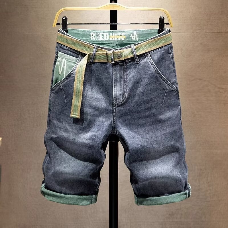 Men’s Washed Denim Shorts Mid-Waist Straight Fit Micro-Elastic