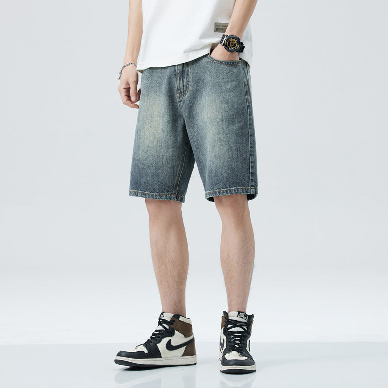 Men’s Vintage Denim Shorts Loose Fit Mid-Waist Multi-Pocket