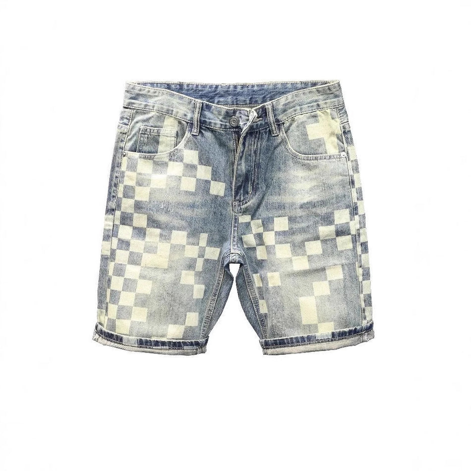 Men’s Plaid Patchwork Denim Shorts Loose Fit Straight Leg
