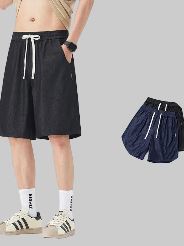 Men’s Stretch Denim Shorts Mid-Waist Loose Fit Straight Leg