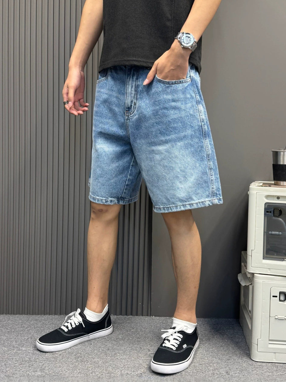 Men’s Cotton Denim Shorts Mid-Waist Loose Straight Five-Point