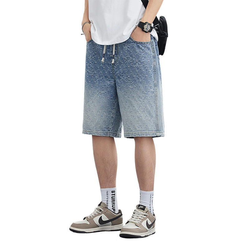 Men’s Light Blue Denim Shorts Loose Straight Capri Micro-Elastic