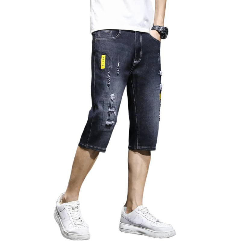Men’s Black Denim Shorts Low-Waist Loose Capri Slightly Flared