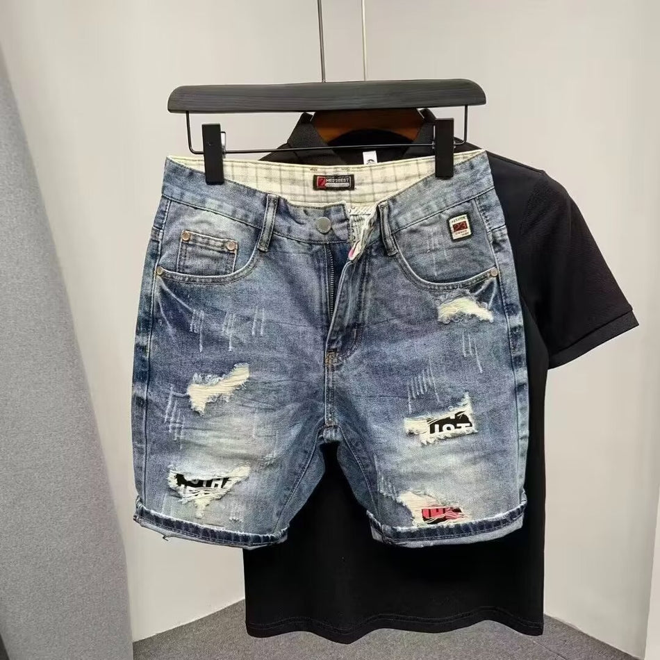 Men’s Washed Denim Shorts Mid-Waist Slim Fit Multiple Pockets