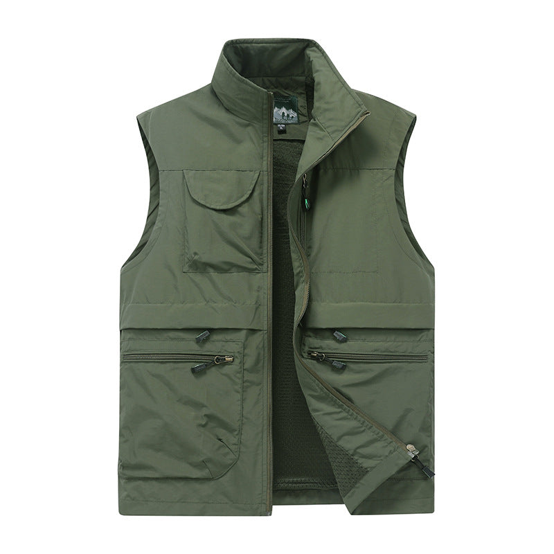Men's Nylon Workwear Vest Stand Collar Zipper Multi-Pocket Jacket