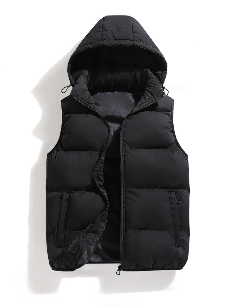 Men's Hooded Cotton Vest Loose Fit Zipper Sleeveless Winter Outerwear