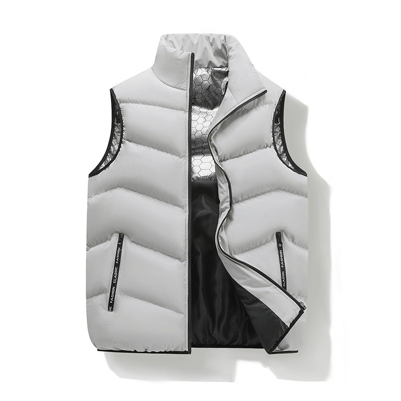 Men's Thickened Padded Vest Stand Collar Loose Fit Ribbed Hem