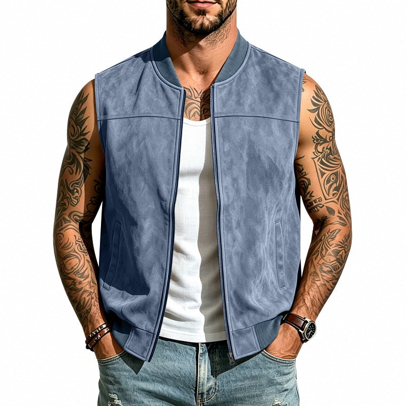 Men's Suede Vest Baseball Collar Loose Fit Zipper Outerwear