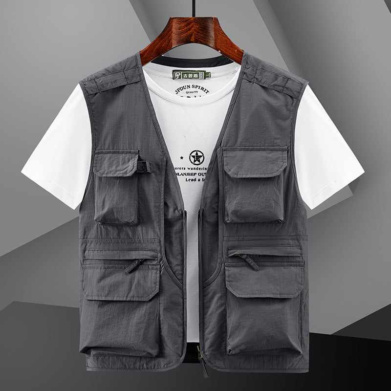 Men's Nylon Work Vest Loose Fit Collarless Multi-Pocket Outerwear