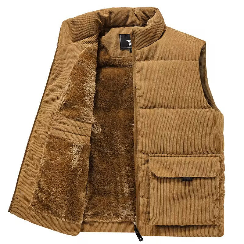 Men's Corduroy Vest Stand Collar Loose Fit Multi-Pocket Workwear