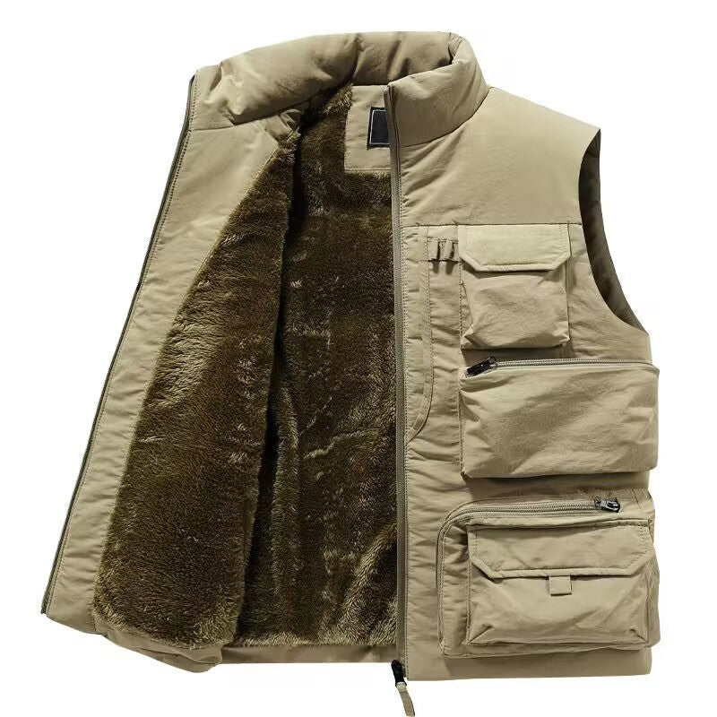 Men's Fleece-Lined Vest Stand Collar Loose Fit Multi-Pocket Wear